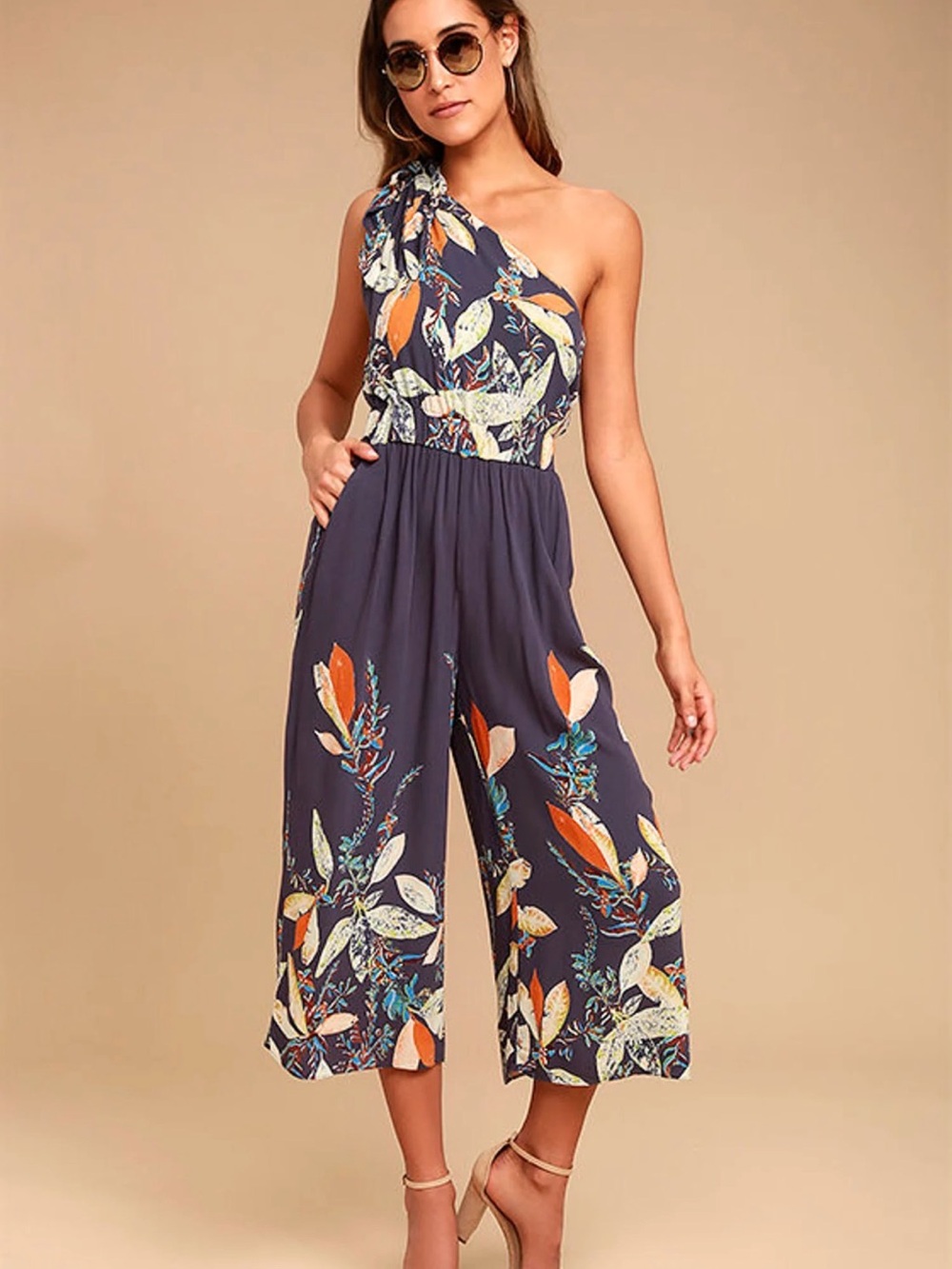 Free People tropical Island Time Wide Leg Floral One Shoulder Jumpsuit Size XS